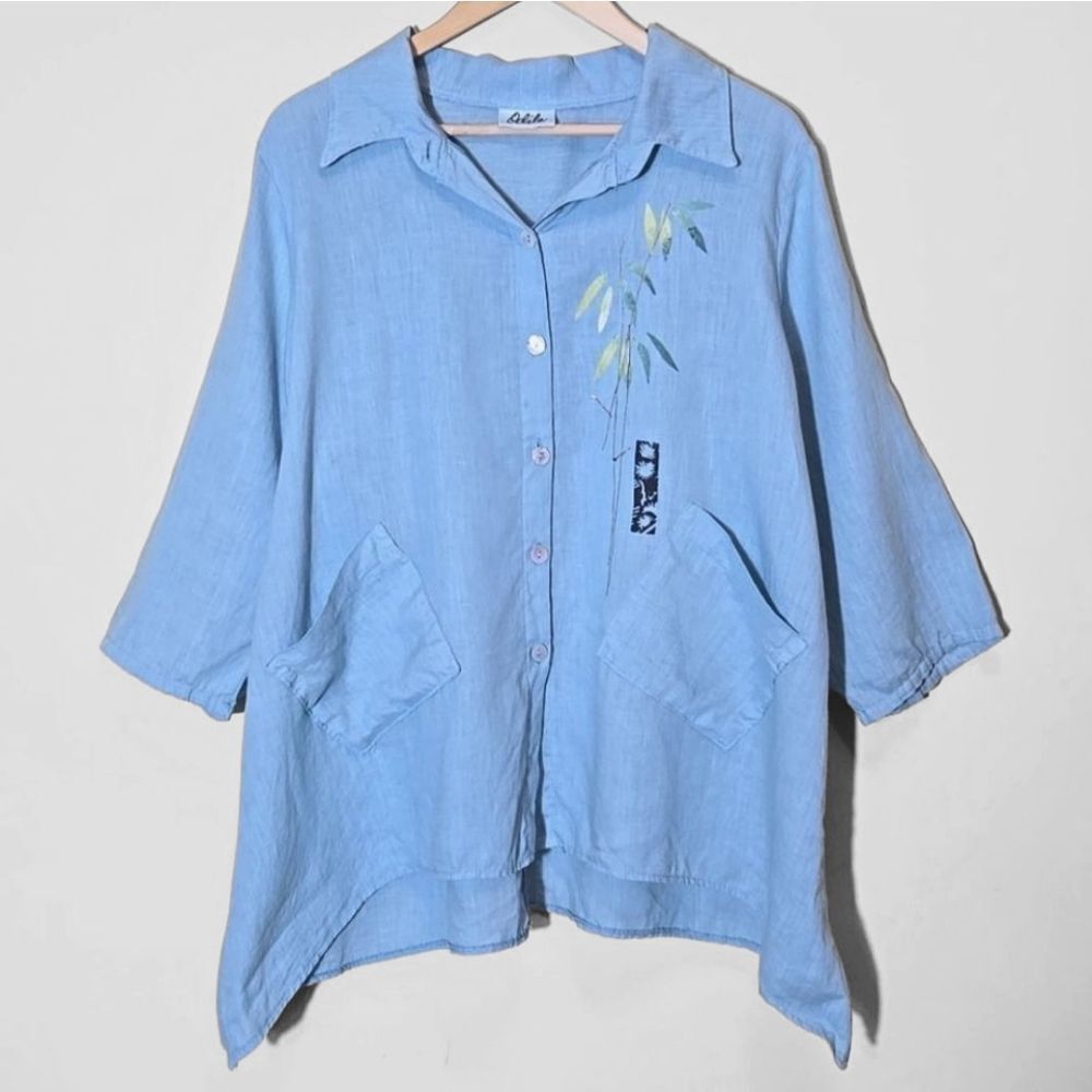 Odile Linen Lagenlook Blue Button Down Top Size M‎ Artsy Coastal